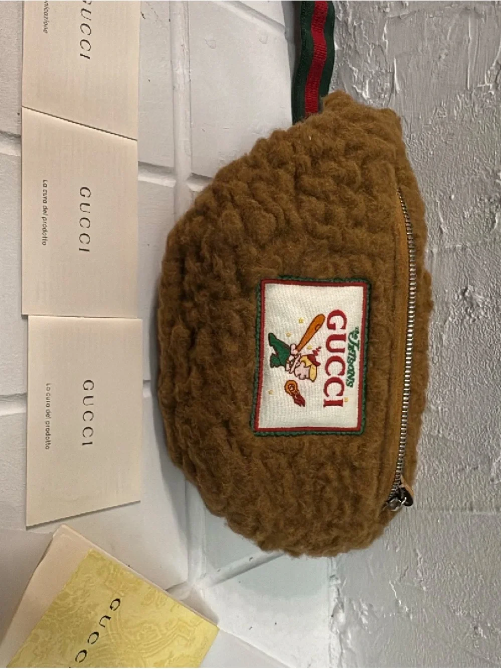 Gucci Brown Shearling Logo Belt Bag with Green-Red Trim
